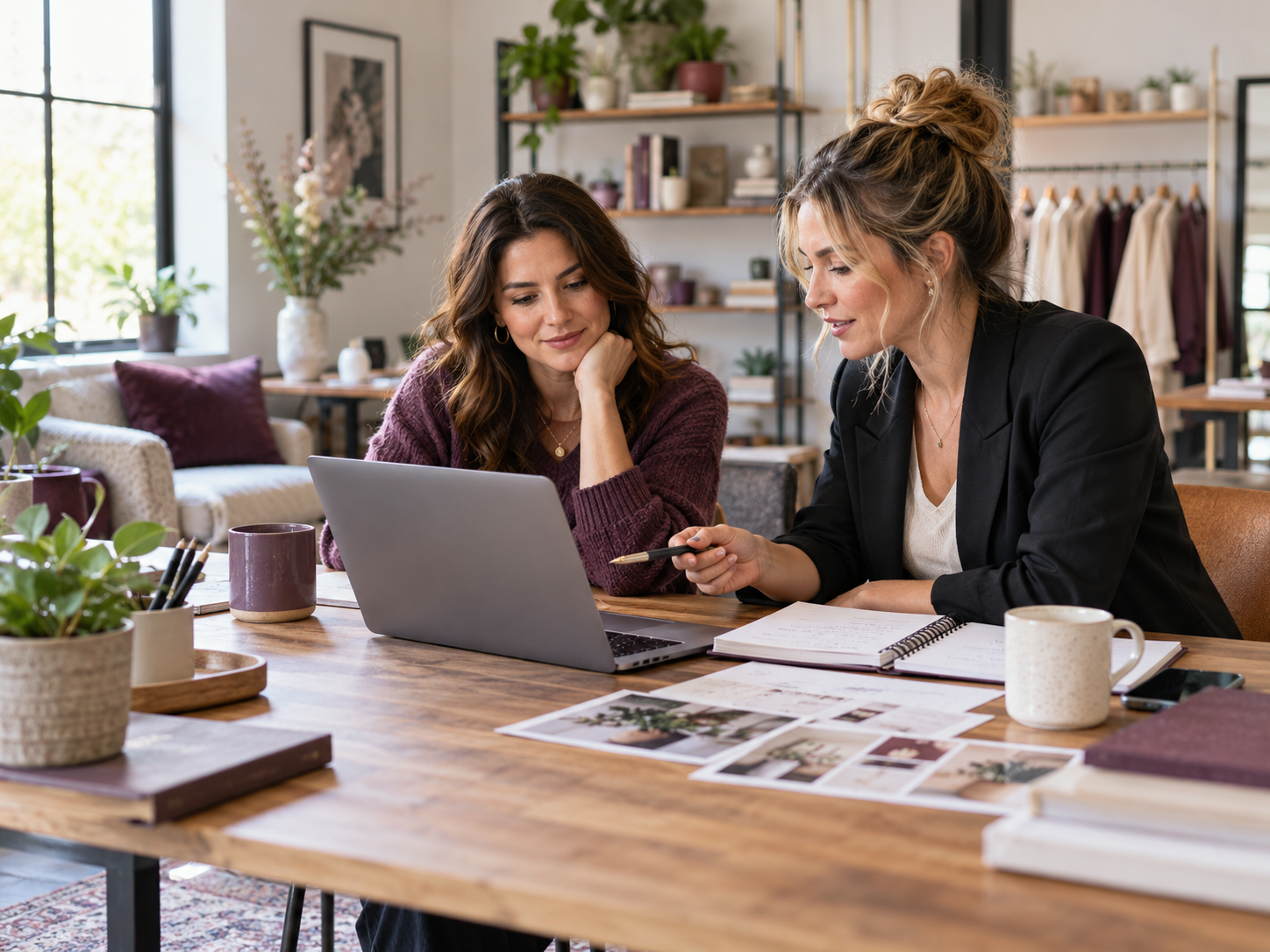 A small business owner and consultant reviewing a website together at a desk